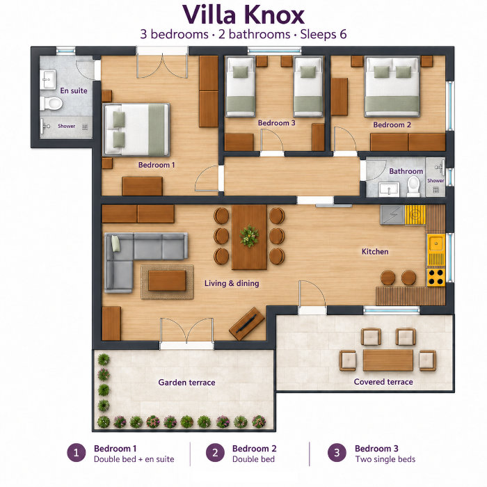 Villa Knox floor plan showing three bedrooms, two bathrooms and the living areas