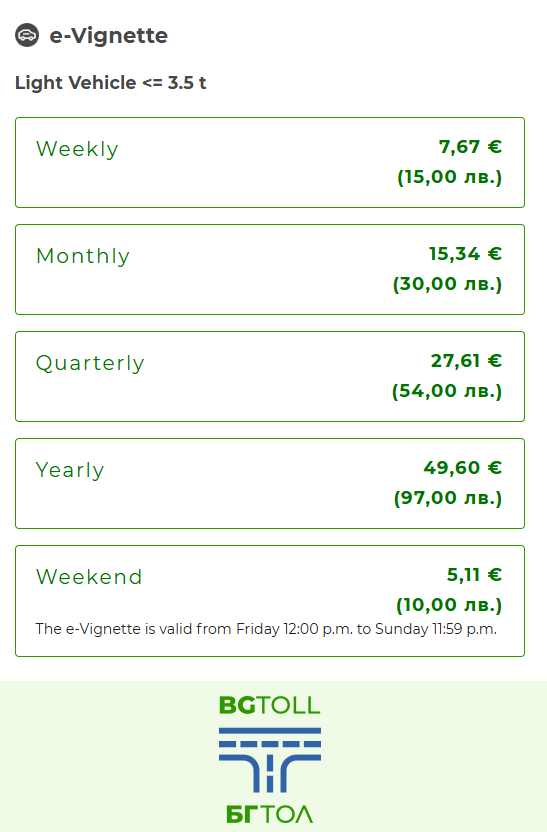 Bulgaria E-Vignette Prices 2026